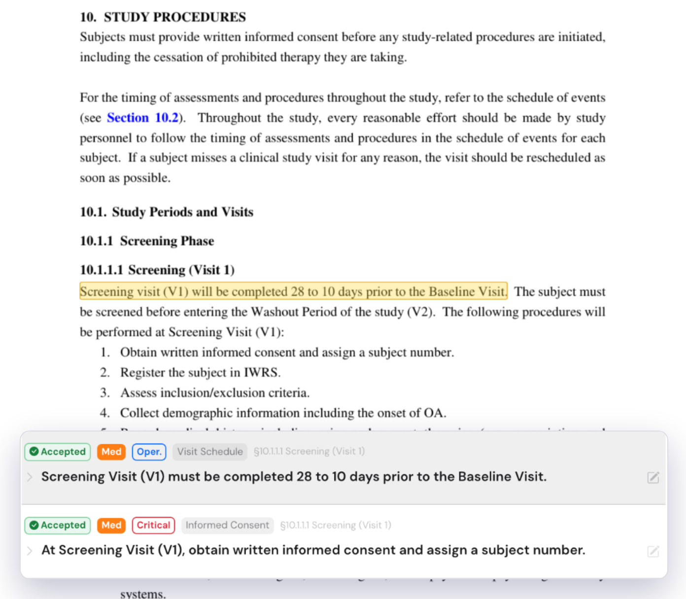 A protocol page with the sentence on the screening visit window highlighted. Over it, two extracted requirements marked Accepted, each tagged by type and protocol section.