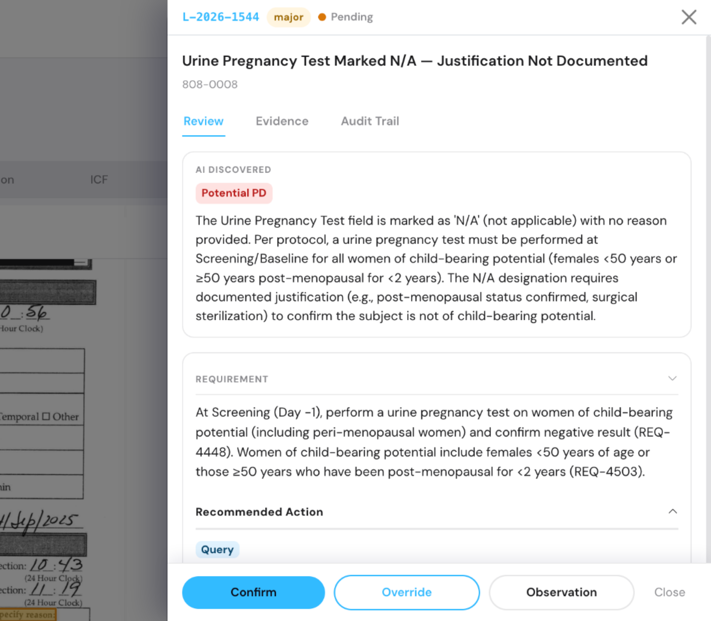 An example Loop review panel: Loop L-2026-1544, major, pending. It shows the potential issue identified, the protocol requirements it relates to, a suggested action, and the reviewer actions Confirm, Override, Observation and Close.
