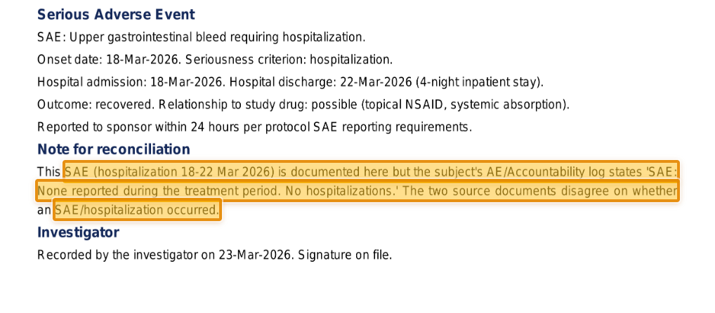 Source page from a serious adverse event report with the reconciliation note highlighted as evidence.