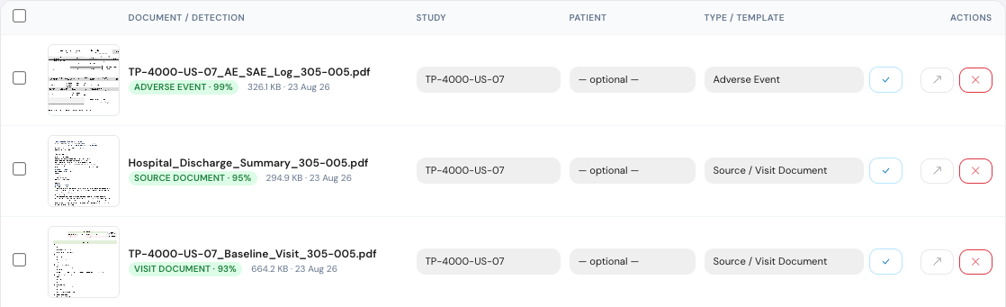 Document Staging in Loopa: three uploaded source documents listed for review, each with a study, a document type and review actions.